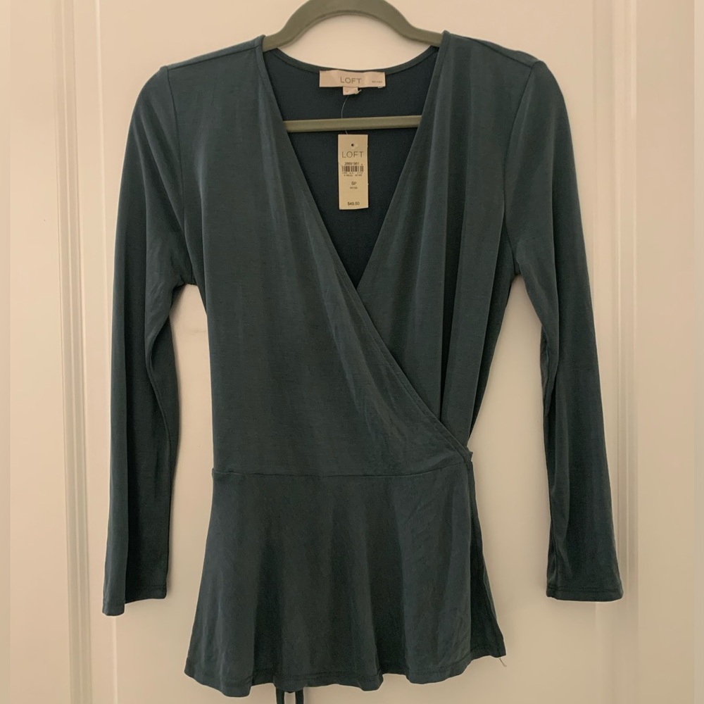 Loft Teal Wrap Top, size small petite